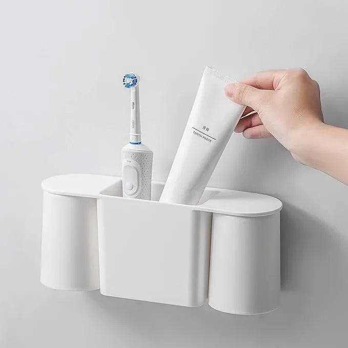FLAUVEL Wall-Mounted Toothbrush and Toothpaste Holder - Self-Draining Design, Easy Installation, Space-Saving, White (Double - Two Magnetic Cups) - ModernBath
