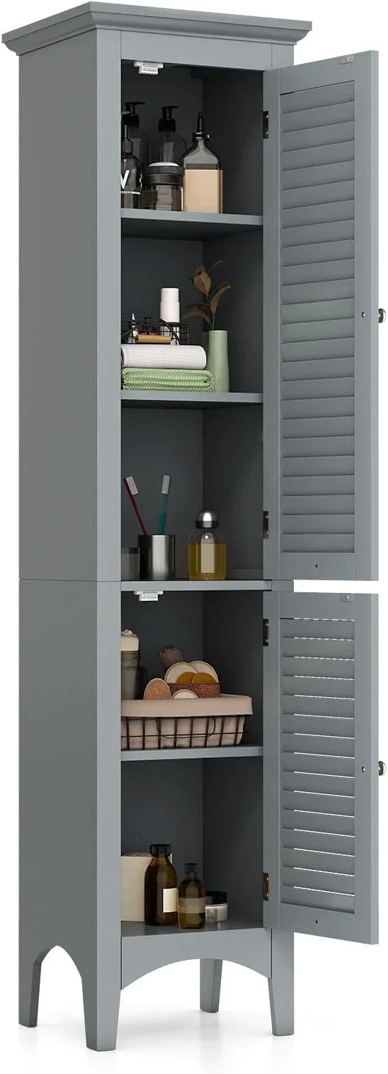 Tangkula 63" Tall Bathroom Storage Cabinet, Freestanding Narrow Linen Tower with Adjustable Shelf, Modern Slim Floor Cabinet with 2 Doors for Bathroom, Living Room, Kitchen (Grey) - ModernBath