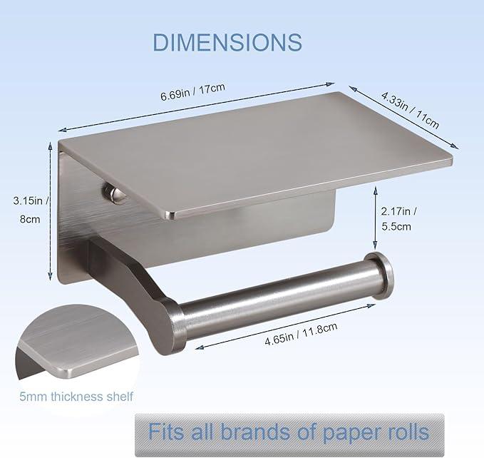 Toilet Paper Holder with Shelf - Toilet Tissue Holder with Cell Phone Shelf for Bathroom - Toilet Paper Roll Holder with Wipes Storage, Wall Mounted by Adhesive Tape or Screw - Brushed Nickel - ModernBath