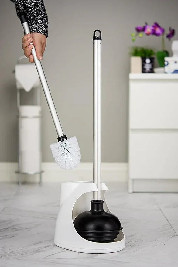 NEIKO 60167A Toilet Plunger with Holder for Brush and Bathroom Plunger Set, Clean Aluminum Handle, White Plunger Caddy, Toilet Brush Set for Cleaning Toilet Bowl - ModernBath