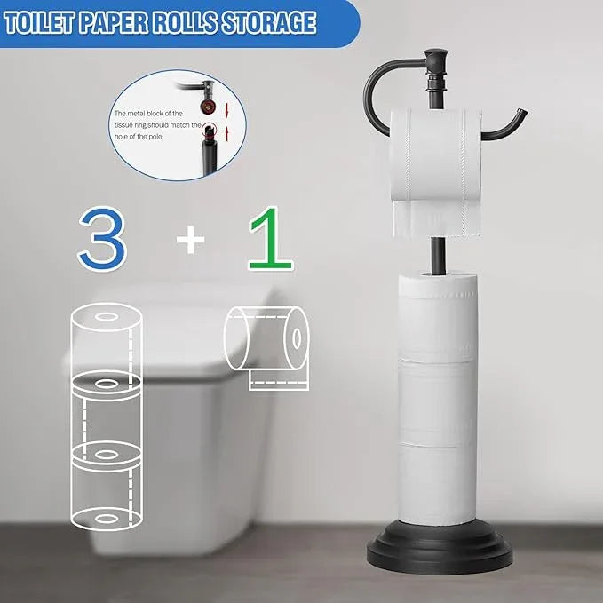 RUMOSE Toilet Paper Holder Stand for Floor,Matte Black Adjustable (12.4" to 22.8") Bathroom Toilet Tissue Holder, Free Standing Toilet Paper Roll Holder with Storage, Stainless Steel - ModernBath