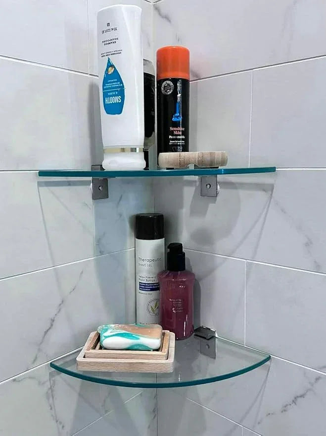 Glass Corner Shower Shelves (2-Pack) - No-Drill Shower Caddy Organizer & Bathroom Storage, Tempered Glass with Rustproof Aluminum Brackets for Inside Shower - ModernBath