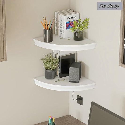 HAO Floating Corner Shelf Invisible Wall Mounted Shelves Radial Shape Cable Wire Hole Pattern Perfect for Bedroom Bathroom Living Room Kitchen 17 Inch Set of 2 White - ModernBath