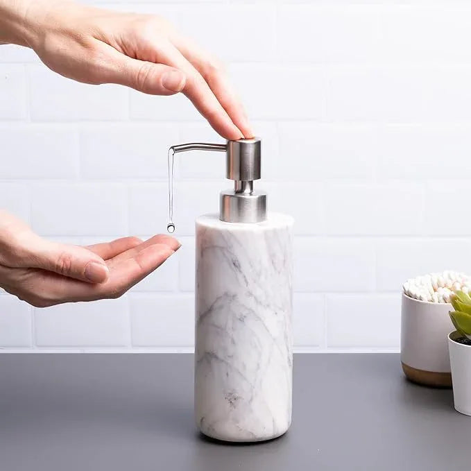 Cork & Mill Marble Soap Dispenser for Bathroom Countertop or Kitchen Sink, Real Natural White Stone with Stainless Steel Pump Top, Ideal for Lotion, Liquid Dish or Hand Soap, Modern Bath Accessories - ModernBath