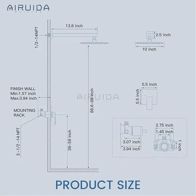 Airuida Shower Faucet Set Bathroom Rain Shower System SUS304 Stainless Steel Single Handle With Male Threads Rough-in Valve Shower Trim Kit 10 Inch Wall Mount Shower Head Brushed Nickel - ModernBath