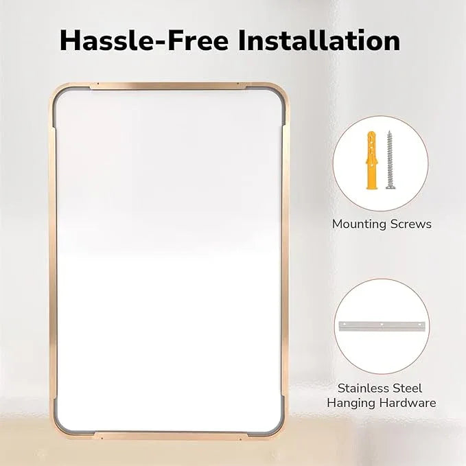 USHOWER Gold Bathroom Mirror 22"x30", Brushed Gold Rectangle Mirror for Over Sink, Rounded Corner, Aluminum Frame, Anti-Rust, Tempered Glass, Horizontal or Vertical Mounted - ModernBath