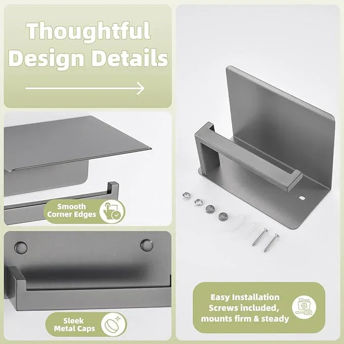 APLusee Toilet Paper Holder with Phone Shelf Gunmetal Gray, 304 Stainless Steel Rustproof Wall Mounted Heavy-Duty, Space-Saving for Modern Bathrooms - ModernBath