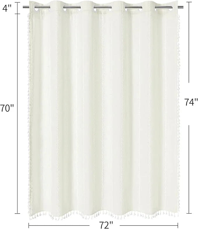 MitoVilla No Hooks Required Boho Farmhouse Shower Curtain with Snap-in Liner, Cotton Linen Fabric Shower Curtains with Tassels for Rustic Neutral Bathroom Decor, Ivory, 72 x 74 - ModernBath