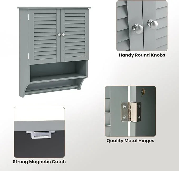 Tangkula Wall Mounted Bathroom Cabinet with Open Shelf & Bar, Medicine Cabinet with Double Louvered Doors, Wall Storage Cabinet with Adjustable Shelf, for Bathroom Living Room Kitchen (Grey) - ModernBath
