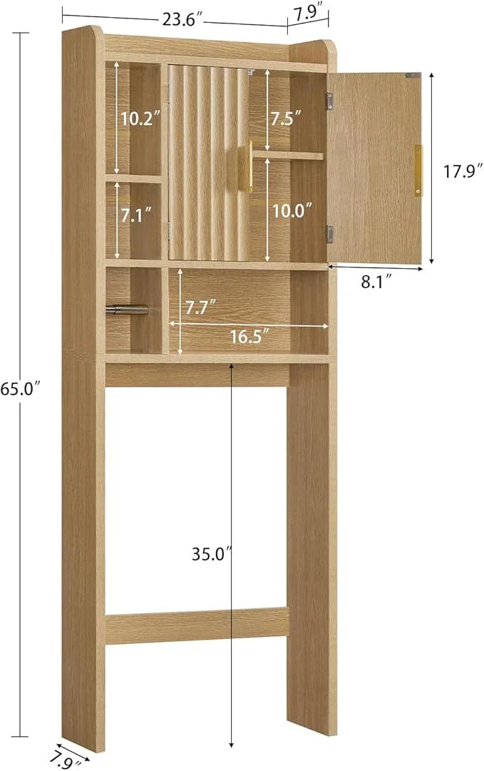 TEENFON Over The Toilet Storage Cabinet with 4 Open Shelves and 2 Fluted Doors, Extra Tall Bathroom Organizer Unit with Adjustable Shelf, Home Space Saver for Bathroom, Laundry Room, Natural - ModernBath