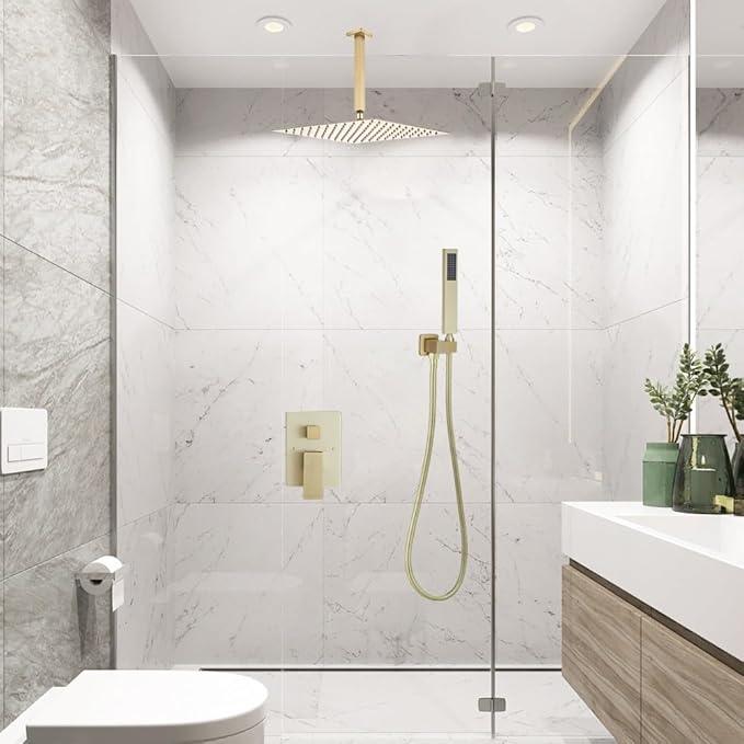 Heable ‎Brushed Gold Shower System Bathroom 12 Inch Rain Shower Head Ceiling Mount with Handheld Luxury High Pressure Shower Combo Set Shower Faucet Rough-in Valve Body and Trim Kit - ModernBath