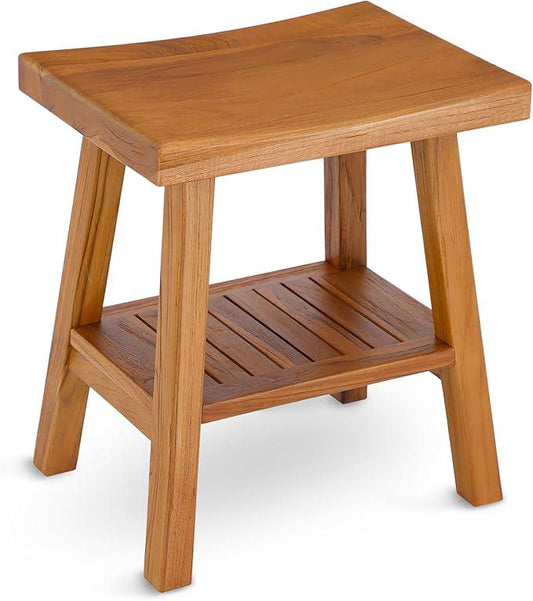 StrongTek Teak Shower Stool with Storage Shelf, 18-Inch Pre-Oiled Teak Wood Bath Seat Bench, Ergonomic Curved Seat, Easy Assembly, Water-Resistant, 350 lbs Capacity, Ideal for Bathroom, Spa & Home Use - ModernBath