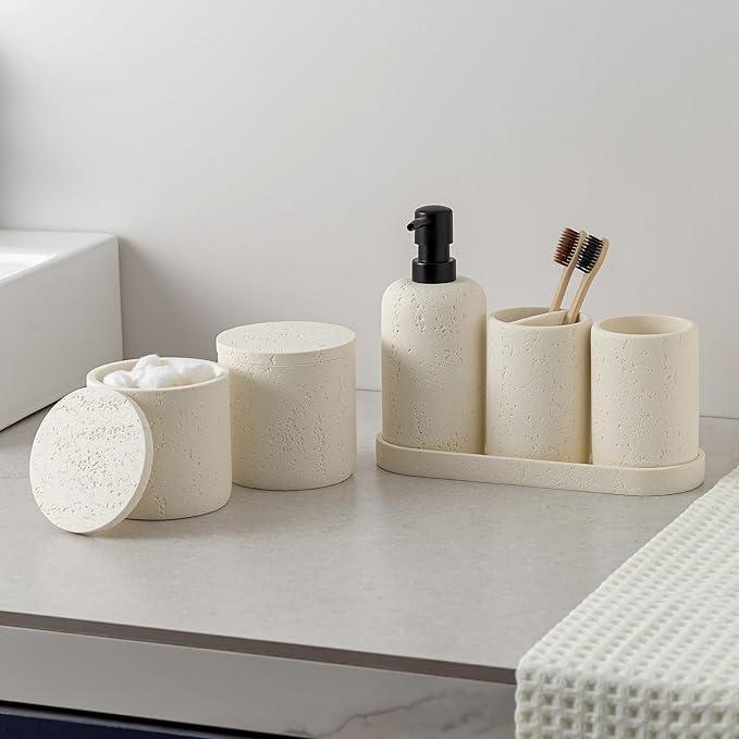 WUUAHOME Bathroom Accessories Set, Travertine Stone-Look, 6 PCS Bathroom Accessory Set with Soap Dispenser, Toothbrush Holder, Tumbler, Vanity Tray, Cotton Swab Jars for Countertop (Off White 6 PCS) - ModernBath
