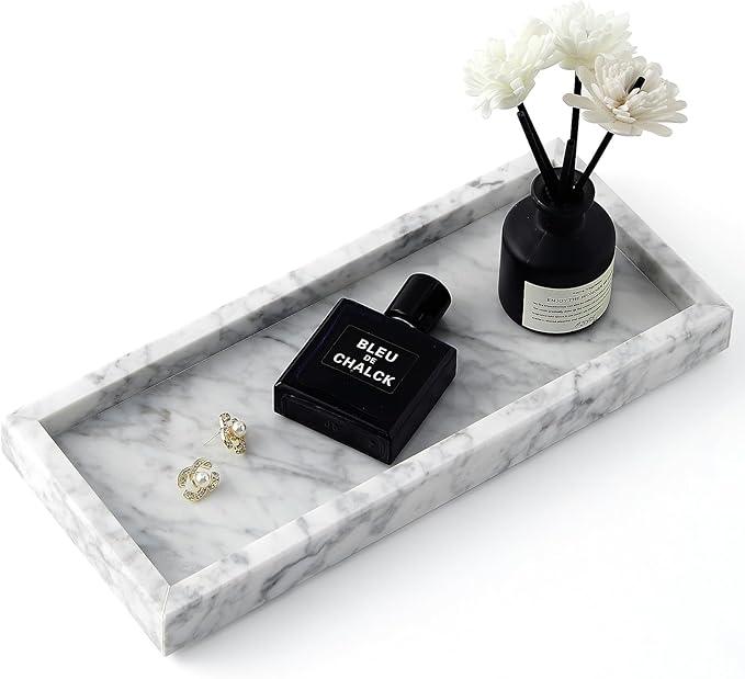 Real Natural Small Marble Tray for Bathroom, Vanity, Kitchen and Desktop, Rectangle Genuine Marble Stone Tray for Jewelry, Cosmetics, Candles, Lotion, Perfume and Home Decor (White, 12" x 5" x 1.2") - ModernBath