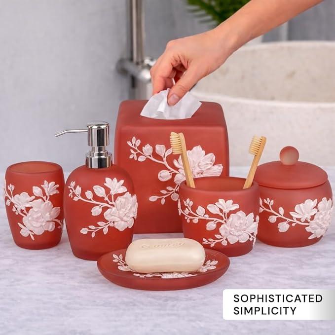 Decozen Bathroom Accessories Set 6Pcs – Soap Dispenser, Toothbrush Holder, Tumbler, Soap Dish & Cotton Swab Jar – Modern Bathroom Decor, Bath Set for Valentines Day Gifts Valentines Decor, Savannah - ModernBath