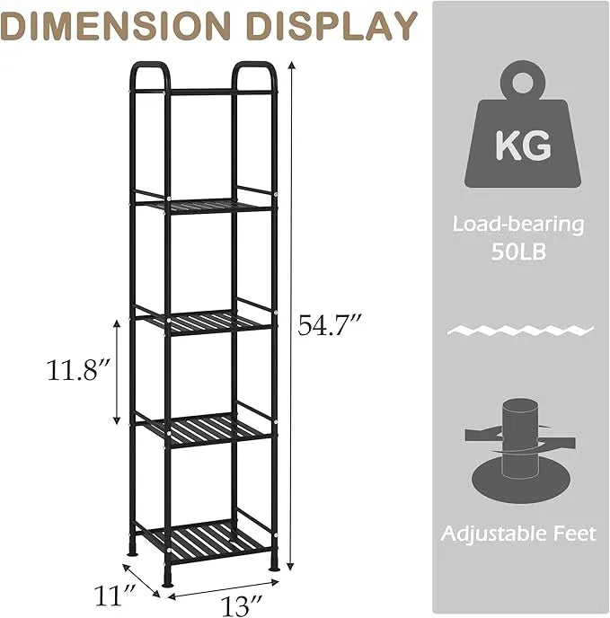 JSB 5 Tier Narrow Bathroom Shelving Unit, Kitchen Storage Rack Organizer Metal Corner Shelf for Living Room Laundry Pantry (Matte Black, 5 Tier) - ModernBath