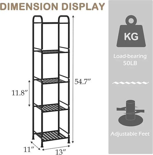 JSB 5 Tier Narrow Bathroom Shelving Unit, Kitchen Storage Rack Organizer Metal Corner Shelf for Living Room Laundry Pantry (Matte Black, 5 Tier) - ModernBath