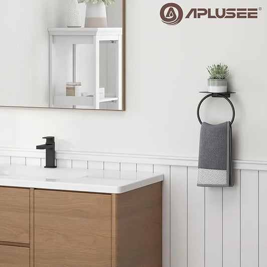 APLusee Matte Black Bath Towel Ring with Shelf, Stainless Steel Towel Holder, Wall Mount - ModernBath