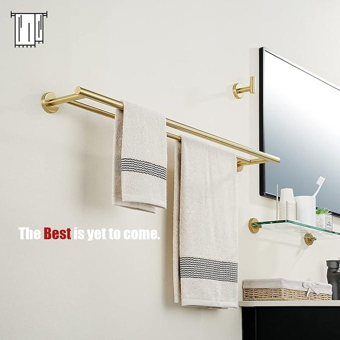 JQK Double Bath Towel Bar, Brushed Gold 33 Inch 304 Stainless Steel Thicken 0.8mm Towel Rack for Bathroom, Towel Holder Wall Mount, Useable Length 30 Inch 2 Pack, TB100L30-BG-P2 - ModernBath