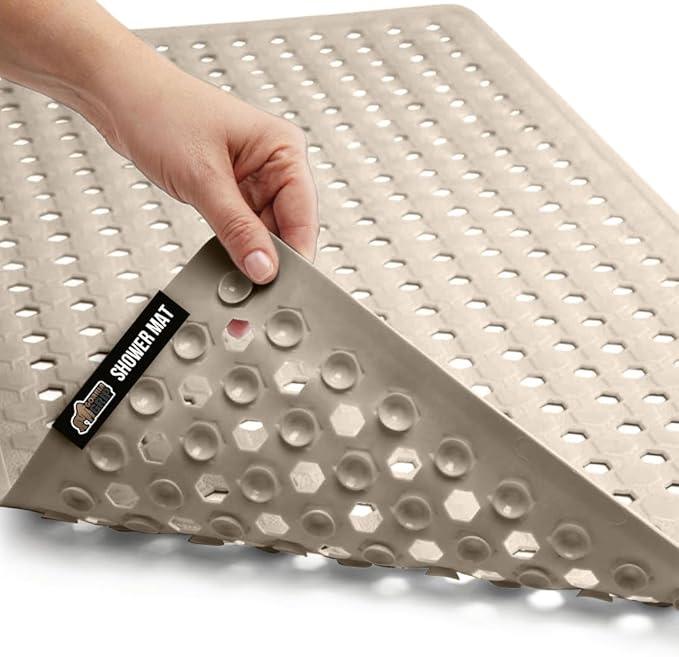 GORILLA GRIP Patented Bath Tub Shower Mat, Machine Washable Bathtub Floor Liner Mats, Suction Cups and Drain Holes to Keep Tubs Clean, Soft on Feet, Bathroom Essentials, 35x16 Inch, Beige - ModernBath