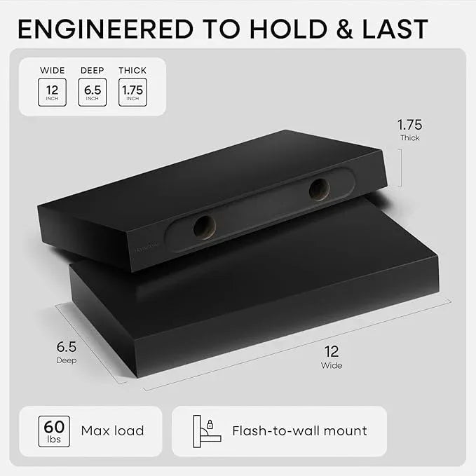 Homeforia Floating Shelf Black 12 inch, High End Solid Real Wood Small 12inch Floating Shelves for Wall Mounted, Black Wooden 12 in Floating Shelves, Heavy Duty Bracket, 12 X 6.5 X 1.75 inch, Set of 2 - ModernBath