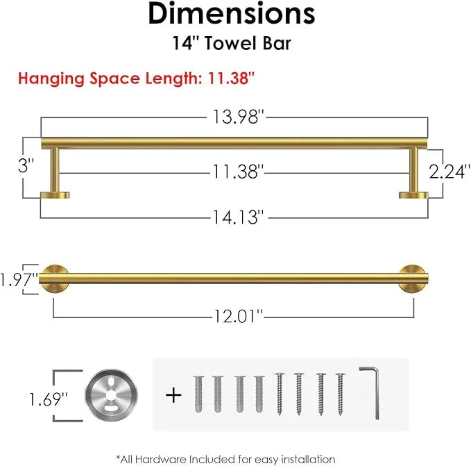 FORIOUS Towel Bar Wall Mounted, Stainless Steel Towel Racks for Bathroom, Includes Wall Mounting Hardware (Brushed Gold, 14 Inch) - ModernBath