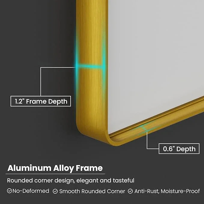 JISOSO Gold Bathroom Mirror, 60x30 Inch Brushed Gold Metal Frame Mirror for Wall, Rounded Rectangle Bathroom Vanity Mirror, Tempered Glass, Anti-Rust, Horizontal/Vertical - ModernBath