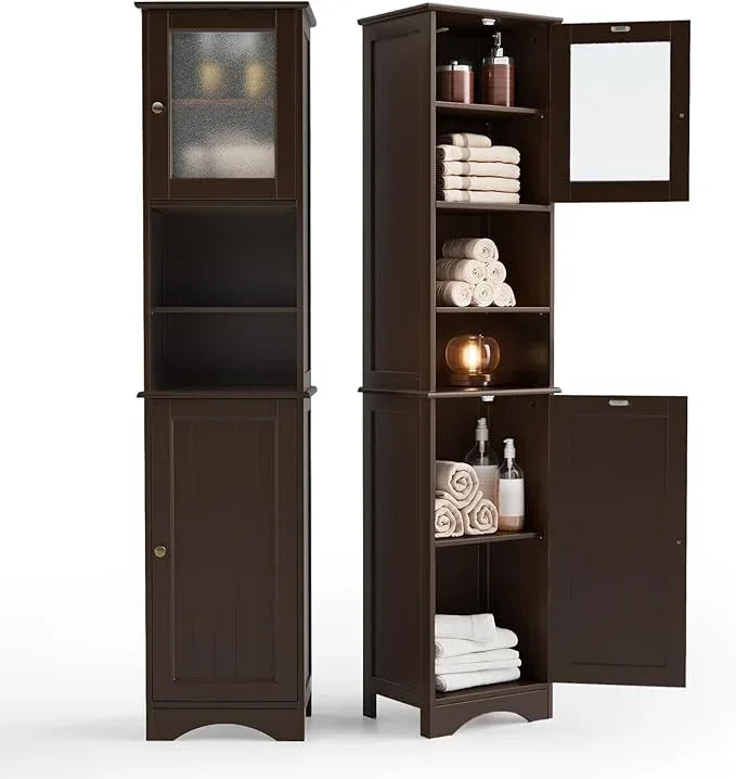 Gizoon Tall Bathroom Storage Tower, Freestanding Linen Cabinet with Two-Way Doors, Adjustable Shelves, Anti-Tip Floor Cabinet, for Home, Kitchen, Living Room, Dark Brown - ModernBath
