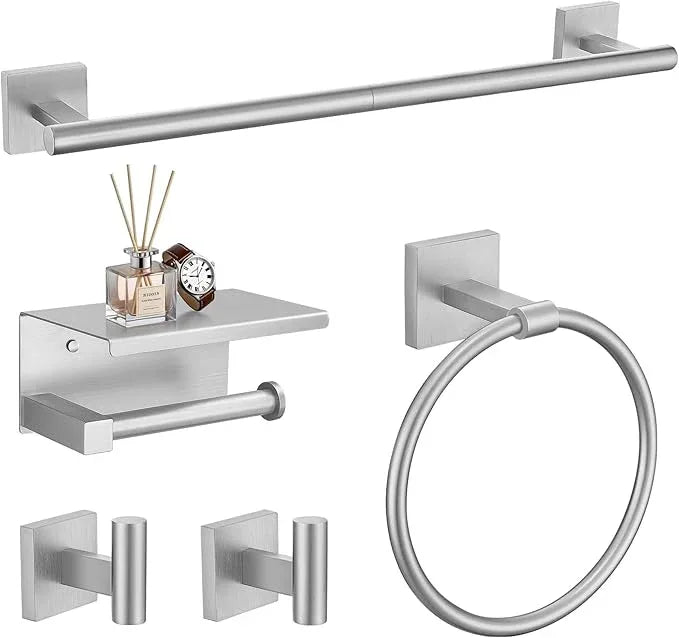 TURS 5-Pieces Brushed Nickel Bathroom Hardware Set 23.6 Inch SUS304 Stainless Steel Towel Bar Set Wall Mounted Square Toilet Paper Holder with Shelf - ModernBath