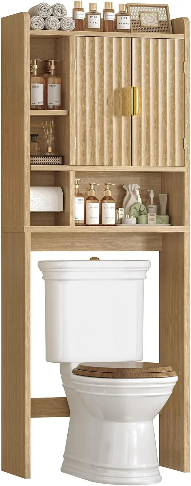 TEENFON Over The Toilet Storage Cabinet with 4 Open Shelves and 2 Fluted Doors, Extra Tall Bathroom Organizer Unit with Adjustable Shelf, Home Space Saver for Bathroom, Laundry Room, Natural - ModernBath