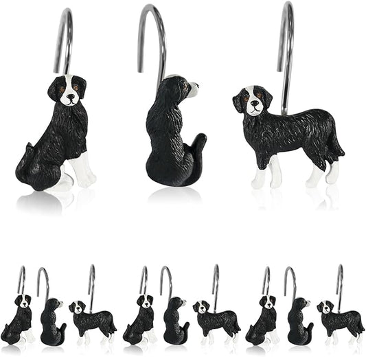 Ruvenis Dog Shower Curtain Hooks Set of 12, Hand-Painted Resin Dog Shower Hooks with Rust-Resistant Metal Rings, Decorative Bathroom Accessories