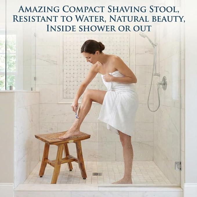 EcoDecors® Satori® 14" Solid Teak Shower Bench, Water-Resistant Bath Stool with Adjustable Feet, EarthyTeak Finish, Indoor/Outdoor Use - ModernBath