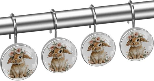 Cute Rabbits and Florals Rust Proof Shower Curtain Hooks 12Pcs for Bathroom Shower Rod, Decorative Shower Hooks Shower Curtain Hanger Rings Roller, Glass, Resin, Stainless Steel - ModernBath