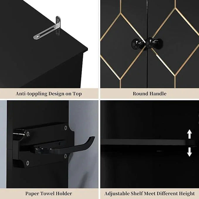 HLR Over The Toilet Storage Cabinet with Gold Trim, Over Toilet Bathroom Organizer with Adjustable Shelves and Toilet Paper Holder, Above Toilet Storage Cabinet Spacesaver for Bathroom (Black) - ModernBath