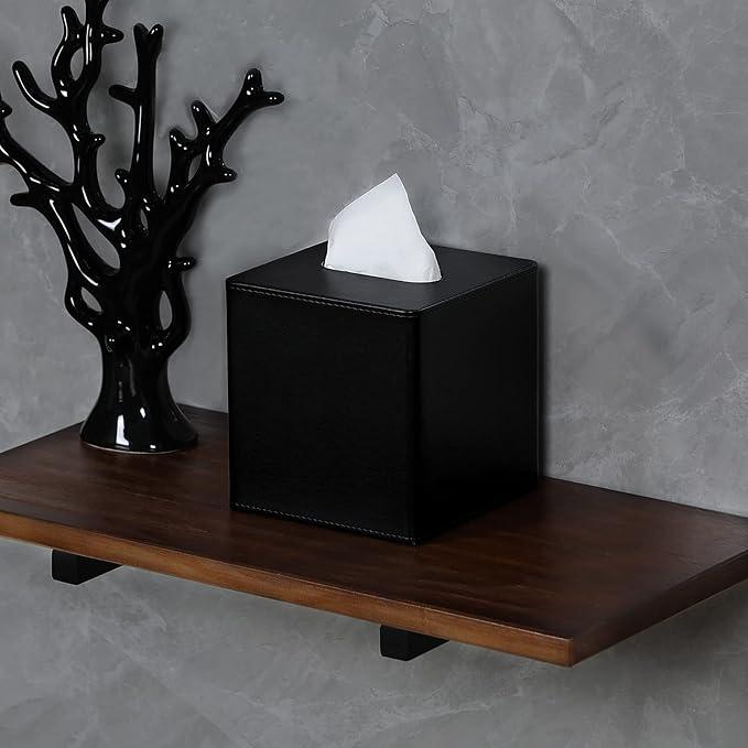 GOLRANLYE Tissue Box Cover Square PU Leather Facial Tissue Box Holder for Dresser Bathroom Decor (Black) - ModernBath