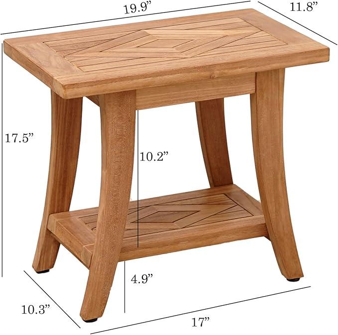 Bayview Patio Nautica Teak Shower Bench with Shelf, Shower Stool for Bath Tub or Spa or Sauna, Shower Bench for Elderly, Indoor, Outdoor Bathroom Stool Bench, Shower Seat, Teak Side End Table - ModernBath