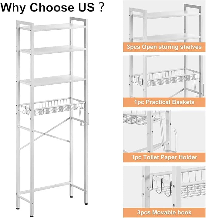Over-The-Toilet Storage Rack, 4-Tier Bathroom Organizer Shelf Over Toilet with Adjustable Shelf and Basket, Freestanding Space Saver Bathroom Shelves Above Toilet for Room (Pure White) - ModernBath