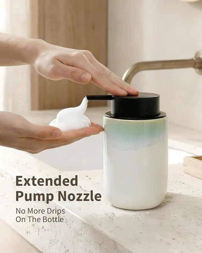 BosilunLife Hand Soap Dispenser - Foam Soap Dispenser Bathroom Ceramic Dish Liquid Soap Dispenser for Kitchen, Bathroom Countertop Soap Dispensers (White with Blue-Green Rim Foam Pump) - ModernBath