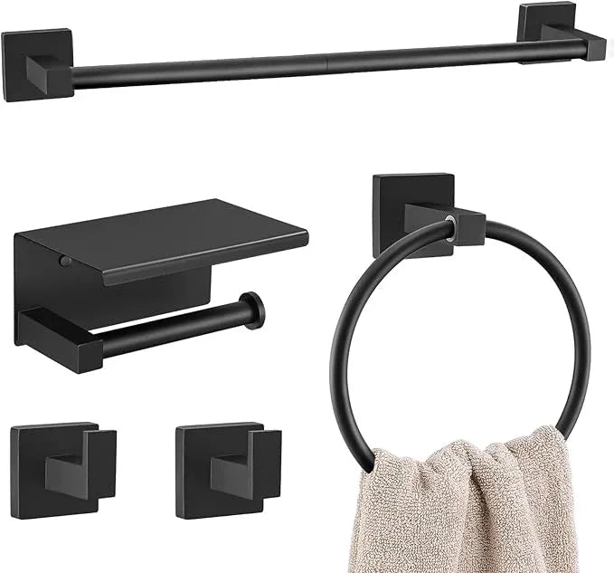 5-Piece Bathroom Hardware Set Black Bathroom Hardware Accessories Set Upgraded Toilet Paper Holder with Shelf Towel Holder Set for Bathroom Stainless Steel Wall Mounted - ModernBath