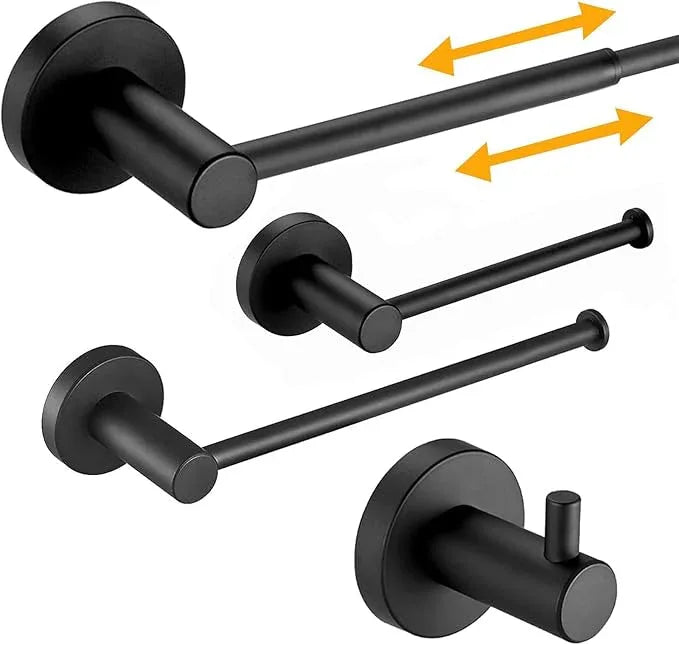 BESy 4 Piece Bathroom Accessories Set Hardware Set (Adjustable Double Towel Bar, Hand Towel Holder, Toilet Paper Holder, Towel Hook) Bath Fixtures Set Wall Mounted SUS304 Stainless Steel Matte Black - ModernBath