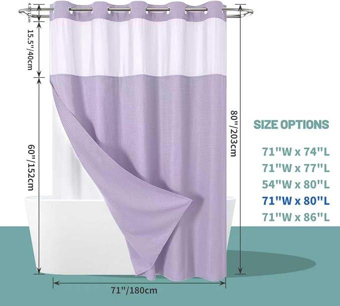 eachope Lavender Long No Hook Waffle Weave Shower Curtain with snap-in Liner Replacement, 230GSM Waterproof Fabric Hotel Shower Curtain Set for Bathroom, Through Mesh Top Window,71Wx80H - ModernBath