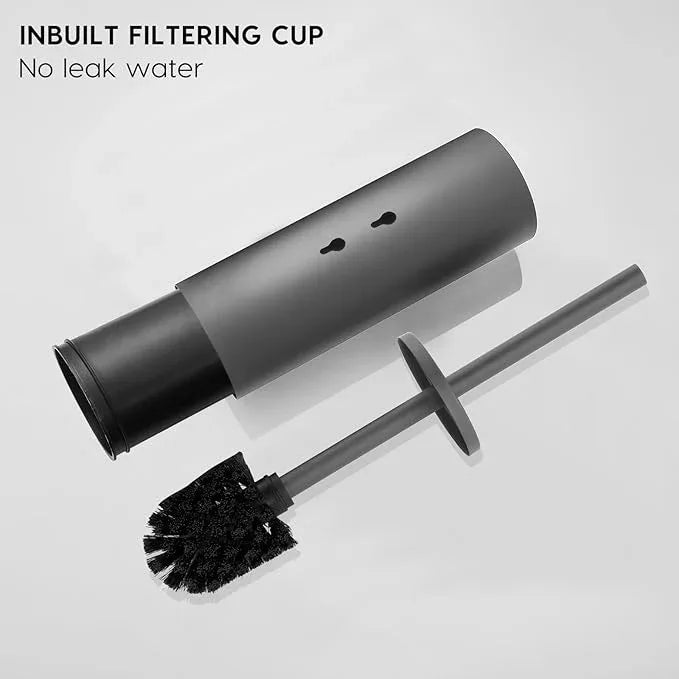 Stainless Steel Toilet Brush and Holder Set, No-Punch Hook Base Dual Purpose Toilet Brush Holder with Removable Inner Bucket and Splash Cover - Soft Bristles (Gray) - ModernBath