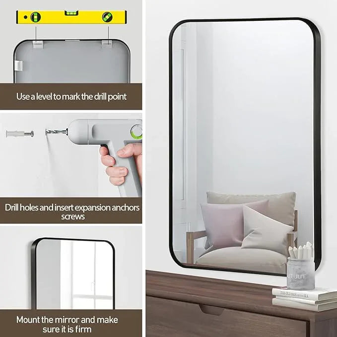 CLBA Black Bathroom Mirror, 22x30 Inch Matte Black Mirror, Aluminum Alloy Framed Vanity Mirror, Rounded Rectangle Mirror for Over Sink, Anti-Rust Wall Mirror (Horizontally or Vertically) - ModernBath