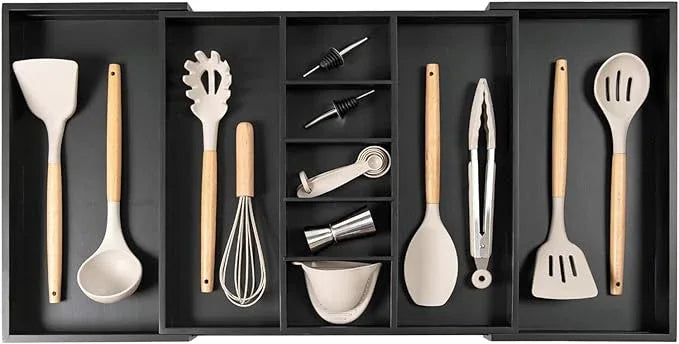 KitchenEdge Adjustable Kitchen Drawer Organizer for Utensils and Junk, Food-Safe Contract Grade with 100% Sustainable Wood, Expandable from 19 to 33 Inches Wide - Black Bamboo - ModernBath
