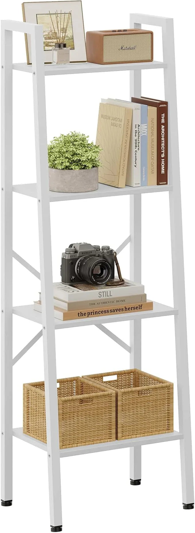 Hoctieon 4-Tier Industrial Ladder Bookshelf, Narrow Ladder Shelf, Tall Standing Bookshelf, Skinny Open Ladder Shelf, for Living Room, Home Office, Kitchen, Bedroom, Metal Frame, White - ModernBath