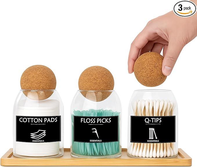 3PCS Qtip Holder for Bathroom Set, 17oz Glass Apothecary Jars with Cork Lids and Tray, Cotton Ball and Swab Holder, Bathroom Containers Organizers and Storage with 9 Labels - ModernBath