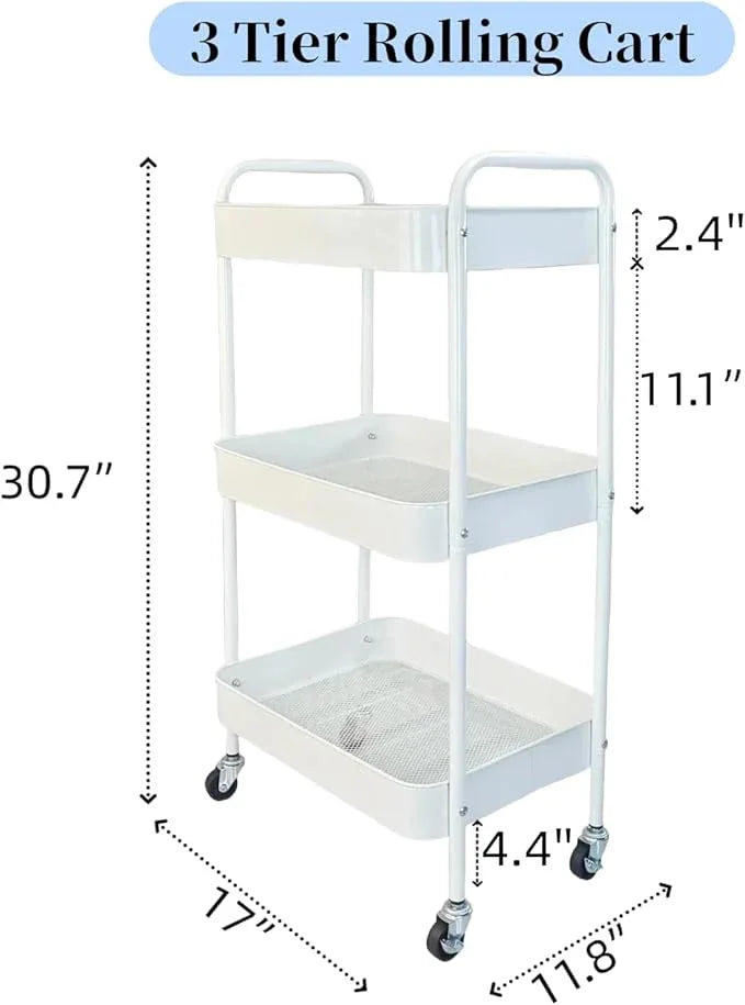 Metal 3 Tier Rolling Cart with Wheels for Kitchen Storage & Laundry Room Organization, Bedside Cart with Handle and 4 Hooks, Versatile Large Capacity Art & Craft Storage Organizer, White - ModernBath