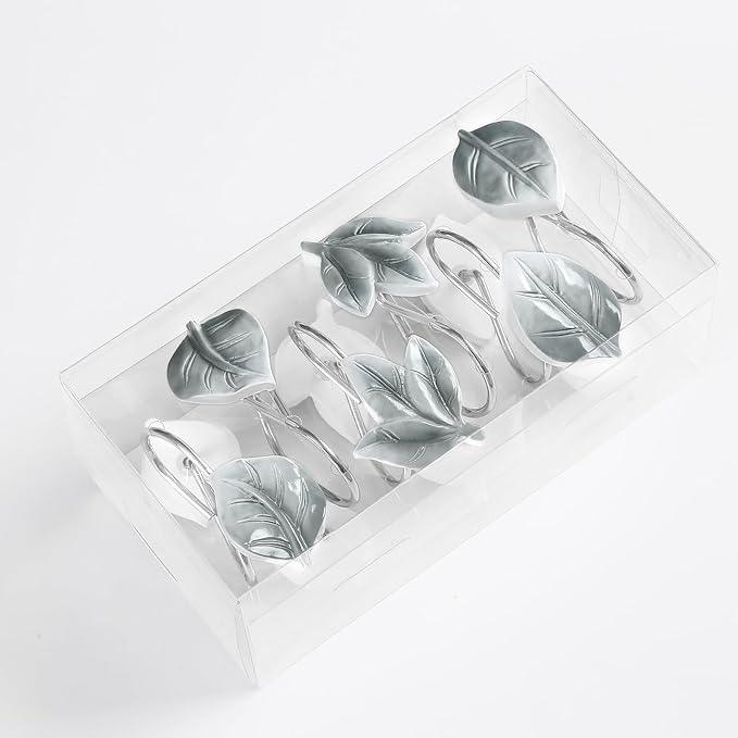 Gibelle 12PCS Leaves Shower Curtain Hooks, Grey Plant Leaf Decorative Shower Curtain Hooks Metal Rustproof Cute Eucalyptus Shower Curtain Rings Bathroom Decoration Accessories - ModernBath