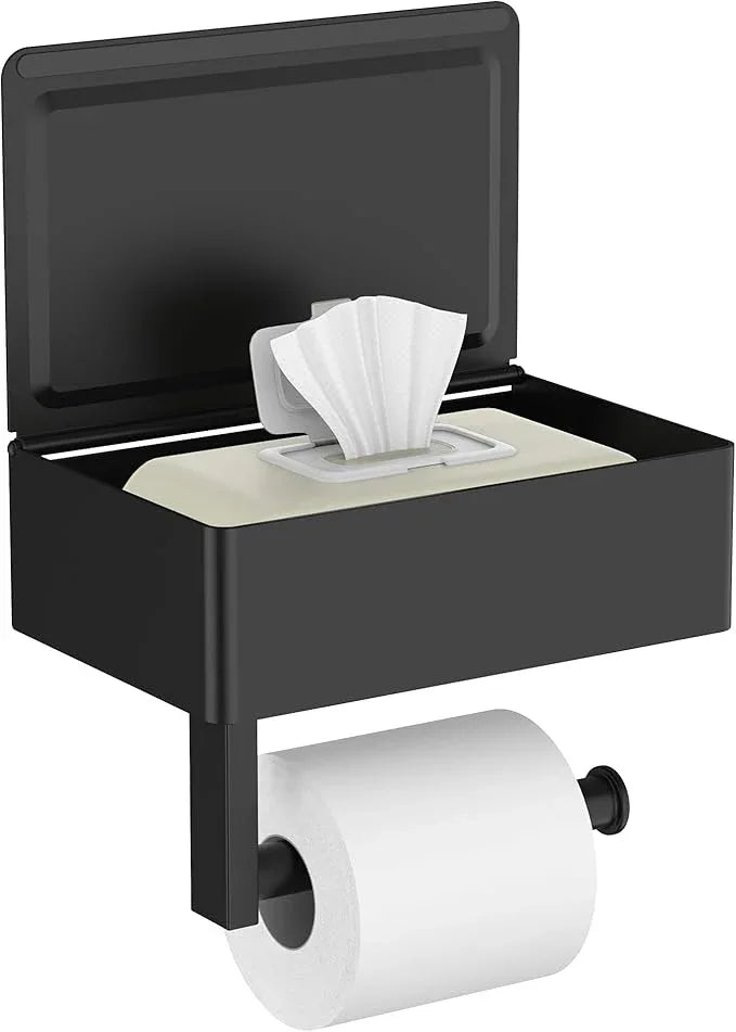 FORIOUS Toilet Paper Holder with Shelf, SUS304 Stainless Steel Wall Mount Toilet Paper Roll Holder, Flushable Wipes Dispenser Fits for Bathroom Wipe Storage, Bathroom Organizer (Matte Black) - ModernBath