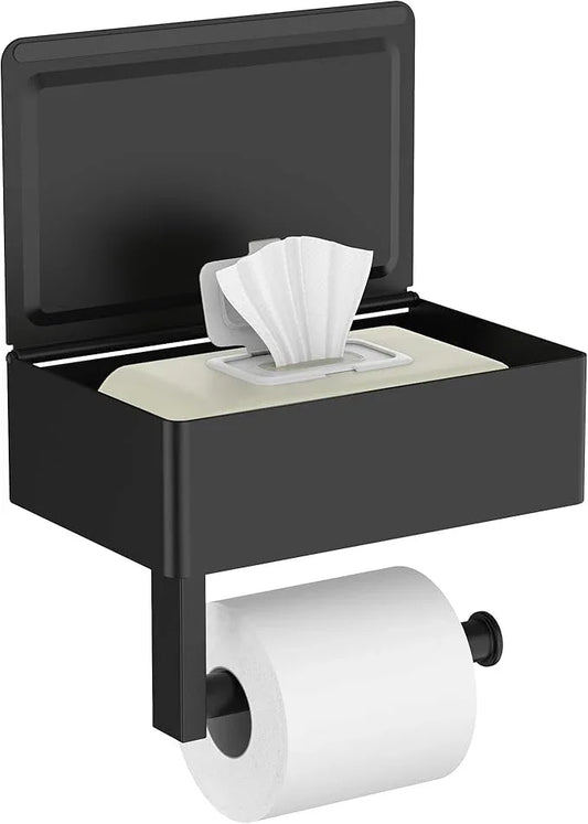 FORIOUS Toilet Paper Holder with Shelf, SUS304 Stainless Steel Wall Mount Toilet Paper Roll Holder, Flushable Wipes Dispenser Fits for Bathroom Wipe Storage, Bathroom Organizer (Matte Black) - ModernBath